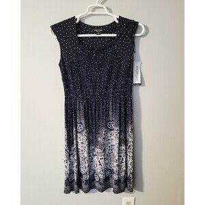 NWT Perceptions Navy Polka Dot Floral Print Cap Sleeve Dress Size M